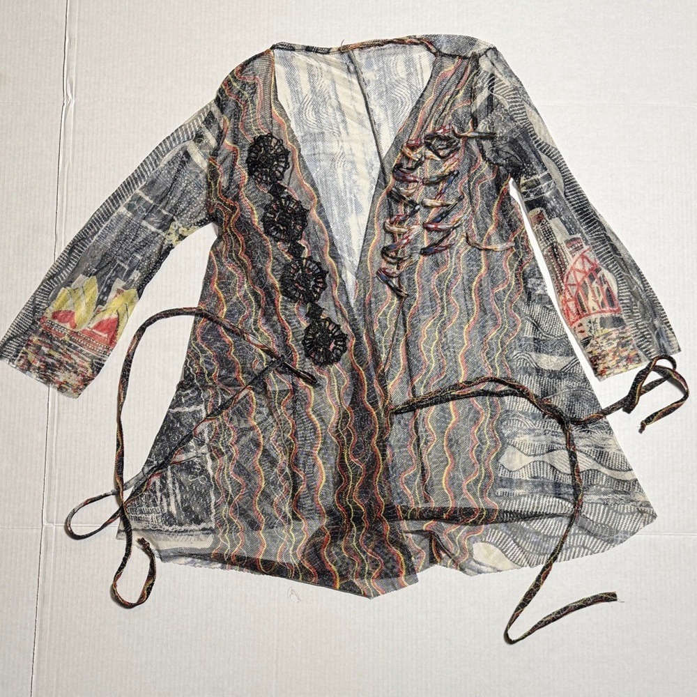 SAVE THE QUEEN Women's Multicolor Graphic Long Line Mesh Cardigan RARE Size M/L
